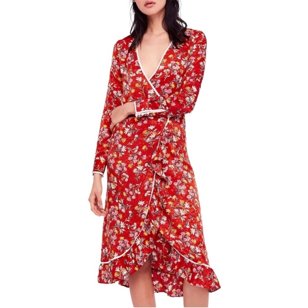 Free People Covent Garden Floral Wrap Midi Dress Size 6 - Picture 1 of 12